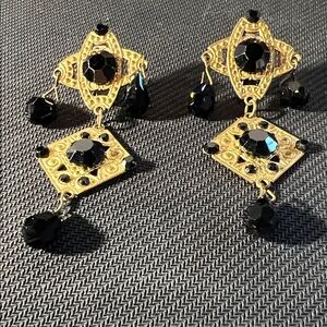 Elegant Vintage Chandelier Black and Gold Earrings